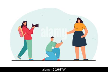 Woman taking picture of man proposing to girlfriend. Girl capturing moment of family creation flat vector illustration. Posing, social media space con