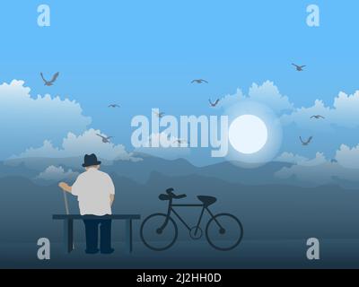 An old man sits in a chair on the top of the mountain looking at the mountains and the sun. Stock Vector