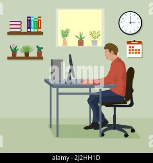 Young man working on the computer programmer . In the room there is a clock, books, flower pots and windows as a background. Stock Vector