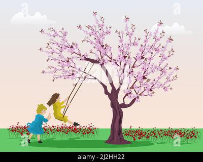 Two girls are playing on a swing under the cherry tree, there is a green field and a pink sky in the background. Stock Vector