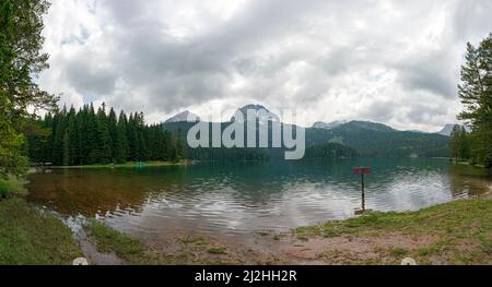Panoramic view of glacial Black Lake, located on the Mount Durmitor near Zabljak town, Montenegro. Stock Photo
