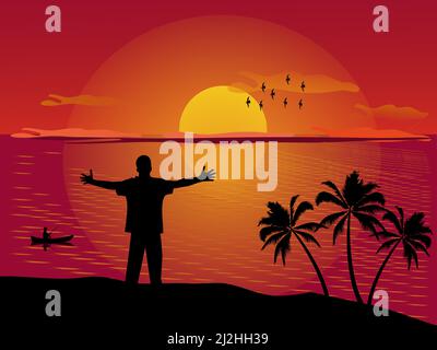 A silhouette of a man standing with his arms outstretched on top of a mountain with the sea and sunset in the background. Stock Vector