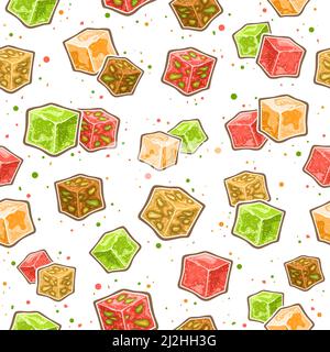 Vector Turkish Lokum seamless pattern, decorative square repeating background with set of cut out illustrations various colorful sugary lokum in cubes Stock Vector