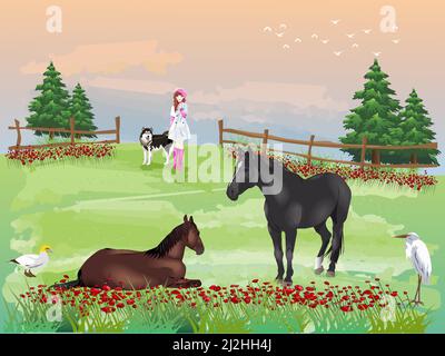 Two horses in a paddock on green grass. A girl with a dog with sunset in the background. Stock Vector