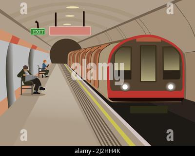 The location of the subway station has trains and passengers waiting with a white tunnel in the background. Stock Vector