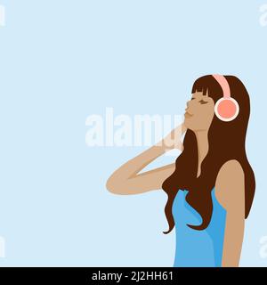 woman wearing headphones to listen to music with blue background Stock Vector