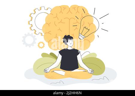 Young man practicing yoga exercises for mental and body health. Happy tiny guy sitting in meditation in front of brain flat vector illustration. Power Stock Vector