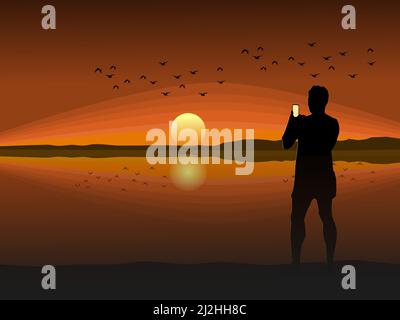 silhouette of a man holding a mobile phone to take a sunset photo Stock Vector