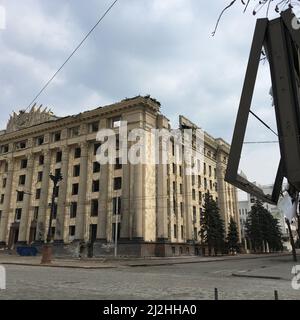 Most central Administrative Building of Kharkiv, Ukraine, hugely damaged by the direct strike of russian missile. Stock Photo