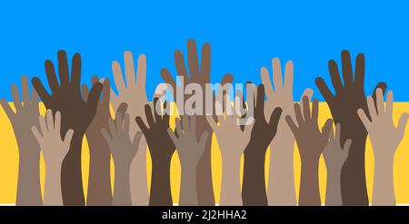 Hands up on the background of the flag of Ukraine. stop war Stock Vector