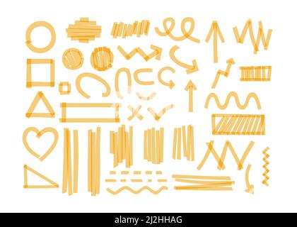 Yellow color markers lines cartoon vector illustration set. Highlight signs of different shape such as heart, circle and other geometric figures, arro Stock Vector