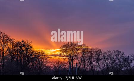 Sun beams in the dark sky at sunset. Stock Photo