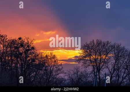 Sun beams in the dark sky at sunset. Stock Photo