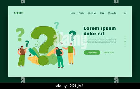 Pensive people asking frequently asked questions isolated flat vector illustration. Cartoon tiny characters standing near huge question mark. Help and Stock Vector