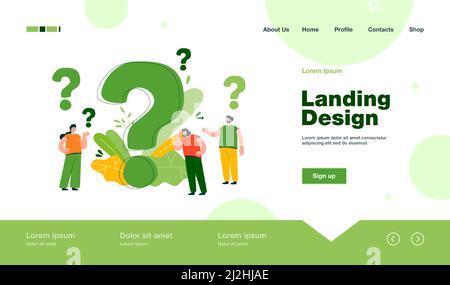 Pensive people asking frequently asked questions isolated flat vector illustration. Cartoon tiny characters standing near huge question mark. Help and Stock Vector