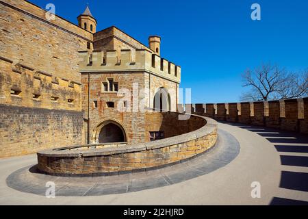 Hohenzollern Castle is a hilltop castle located on the mountain Hohenzollern, an isolated promontory of the Swabian Jura , central Baden-Württemberg, Stock Photo