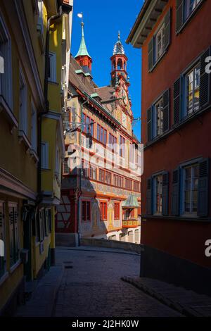Impressive Town Hall (Rathaus)  seen from a narrow street, Tubingen in Baden-Wurttemberg, Germany. Stock Photo