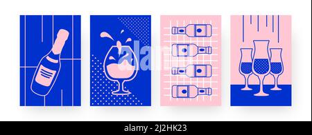 Set of contemporary art posters alcoholic drinks. Glasses, champagne bottle vector illustrations in creative style. Alcohol, celebration concept for d Stock Vector
