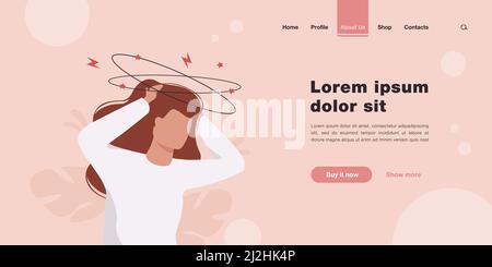 Sick person suffering from vertigo, feeling confused, dizzy and head ache. Flat vector illustration for stress, sickness symptoms, migraine, hangover Stock Vector