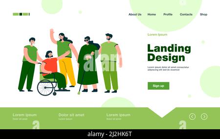 Smiling volunteers helping disabled people isolated flat vector illustration. Cartoon character giving support for handicapped men and women. Voluntee Stock Vector