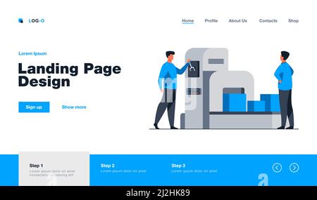 Storehouse employee operating conveyor machine. Men watching carton boxes moving on belt flat vector illustration. Logistics, shipment concept for ban Stock Vector