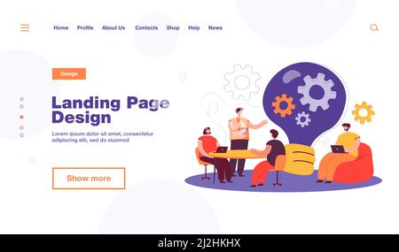 Creative office workers discussing ideas in team isolated flat vector illustration. Cartoon people sitting at desk, meeting, brainstorming and coworki Stock Vector