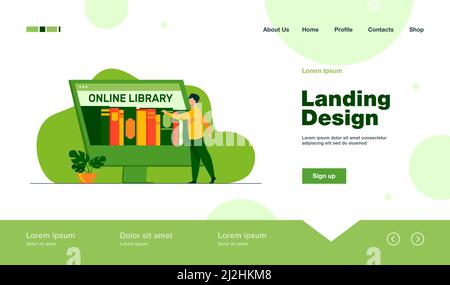Tiny man choosing book in online library. Screen, internet, network flat vector illustration. Digital technology and education concept for banner, web Stock Vector
