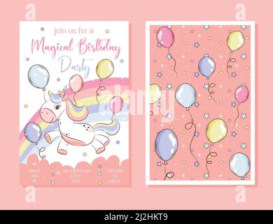 Birthday party invitation card template with a cute unicorn Stock Vector