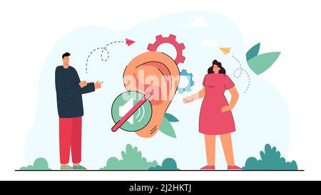 Deaf man and woman communicating through sign language. Disabled people talking, huge ear flat vector illustration. Communication, disability concept Stock Vector