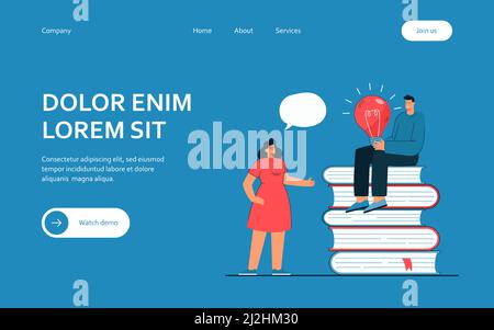 Woman talking with man sitting on heap of books. Flat vector illustration. Tiny people, pile of giant books, man holding lightbulb. Creativity, litera Stock Vector