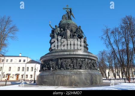 Monument 'Millennium of Russia' (installed in 1862) in the Kremlin of Veliky Novgorod on a sunny March day. Russia Stock Photo