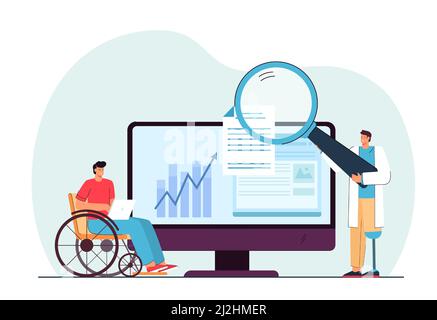 Disabled people working online flat vector illustration. Men with prostheses and in wheelchair doing research with giant magnifying glass. Opportuniti Stock Vector