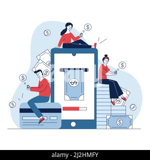 Smartphone users paying online. Men and women with gadgets transferring money flat vector illustration. Internet payment, finance, transaction concept Stock Vector