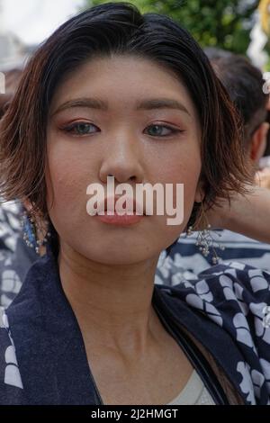 TOKYO, JAPAN, May 18, 2019 : Portrait of a young japanese woman druing Sanja Matsuri, one of the great Shinto festivals of Tokyo in Asakusa district. Stock Photo