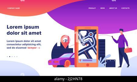 Customer using online app for taxi order or car rent. Man searching cab on city map. Vector illustration for car sharing service, city transportation, Stock Vector