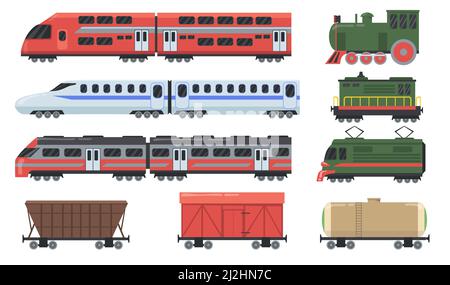 Different trains set. Locomotive, passenger carriage, freight wagon, tank car, commuter rail. Vector illustrations for travel, commuting, cargo, railw Stock Vector