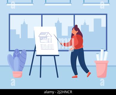 Architect on board presentation of new house. Female engineer showing construction project in office interior, woman holding pointer in hands flat vec Stock Vector
