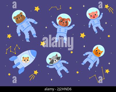 Baby animal astronauts cartoon vector illustration set. Cute bear, dog, pig, cat, raccoon, hamster in spacesuits on stars and space background. Patter Stock Vector