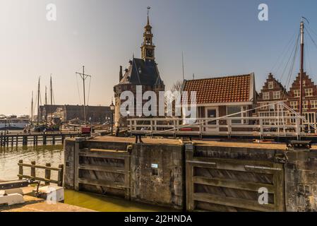 Hoorn, Netherlands, March 2022. The historic defense tower at the harbor entrance of Hoorn. High quality photo Stock Photo