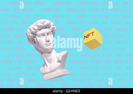 Statue of a bust of Roman David and cryptocurrency NFT and coding. Minimal concept of blockchain and art. Stock Photo