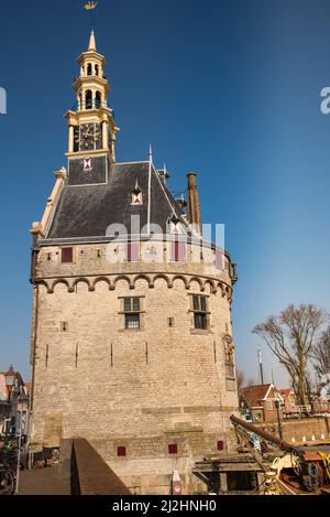 Hoorn, Netherlands, March 2022. The historic defense tower at the harbor entrance of Hoorn. High quality photo Stock Photo