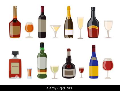 Alcoholic drinks and glasses vector illustrations set. Liquor bottles of different shapes with labels, whiskey, rum, wine isolated on white background Stock Vector