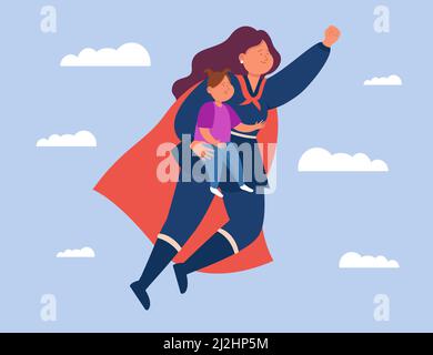 Busy mom dressed as superhero flying with daughter. Happy young mother holding girl, hero costume flat vector illustration. Family, motherhood concept Stock Vector