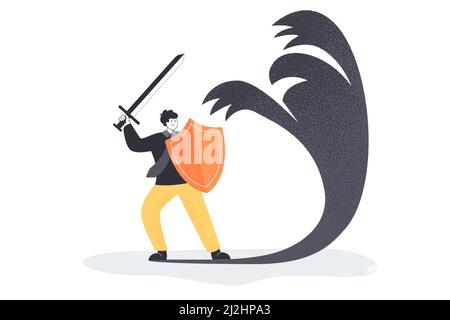 Businessman cartoon character threatening shadow. Man with sword and shield fighting against symbol of fear, anxiety, ego or phobia flat vector illust Stock Vector