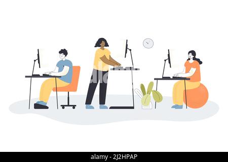 Cartoon man and woman employees working at modern area with ergonomic furniture and computers. Diverse people standing and sitting at desks flat vecto Stock Vector