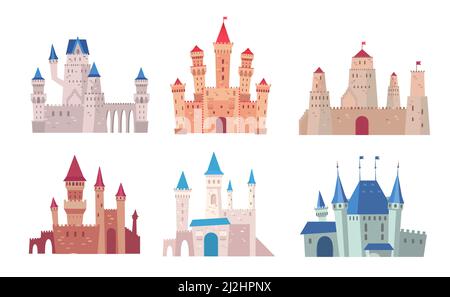 Castles cartoon illustration set. Gothic architecture, fairytale palace and Medieval fortress clipart collection. History, ancient architecture concep Stock Vector