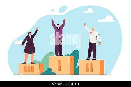 Cheerful business people standing on pedestals. Happy businessman or winner in first place flat vector illustration. Competition, victory, success con Stock Vector