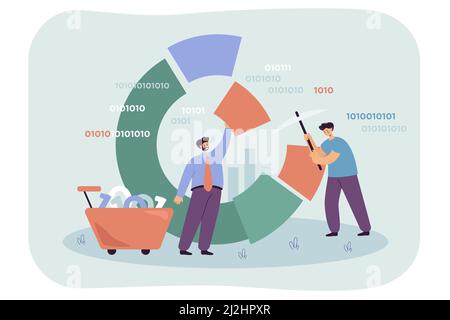 Cartoon tiny characters standing near diagram and collecting information using pick and cart. Process of software analysis, diagram research flat vect Stock Vector
