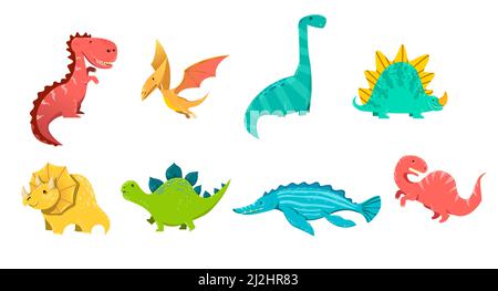 Cute set of prehistoric dinosaurs. Vector illustrations of baby dino and funny dragons. Cartoon collection with stegosaurus triceratops pterodactyl is Stock Vector