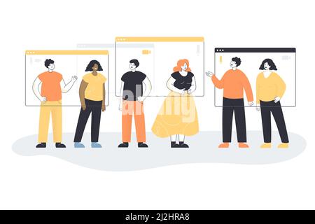 Diversity team of people meeting in video call online. Group of tiny characters standing near windows of zoom app flat vector illustration. Remote vir Stock Vector